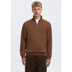 SELECTED - Sweatshirt - Bruin - Halve Rits - Staande Kraag