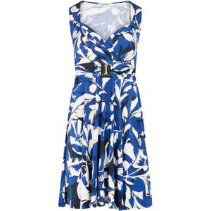 Morgan A-lijn jurk met all over print en ceintuur blauw/wit