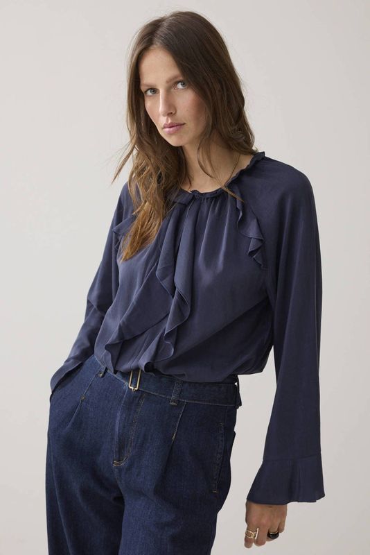 Summum Woman - TOP Ruffles Cotton Viscose - Blouse - Blauw