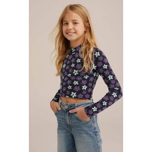 WE Fashion gebloemde longsleeve zwart/lichtblauw/paars