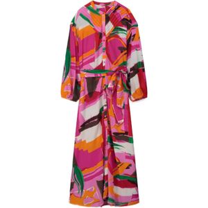 POM Amsterdam jurk met all over print en plooien roze/oranje/groen