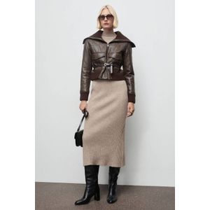 Mango midi jurk rib gebreid beige