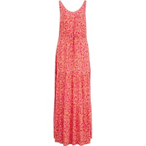 WE Fashion maxi jurk met all over print en volant met open rug roze/oranje
