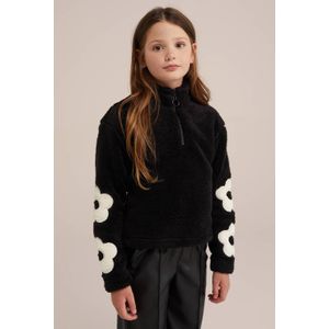 WE Fashion fleece sweater met printopdruk zwart/ecru