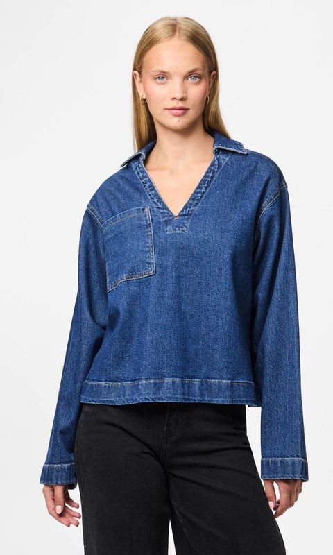 Pcsilke - Denim V-hals Overhemd - Spijkerblouse - Lange Mouwen