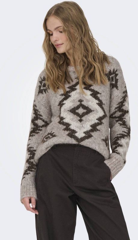 ONLY - ONLAZU - Gebreide Trui - Donkerbeige / Grijs / Zwart