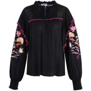 FLURESK gebloemde blousetop Bernice met contrastbies en borduursels zwart
