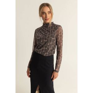 Expresso semi-transparante mesh top met all over print en plooien zwart