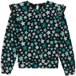 WE Fashion gebloemde longsleeve zwart/blauw/wit