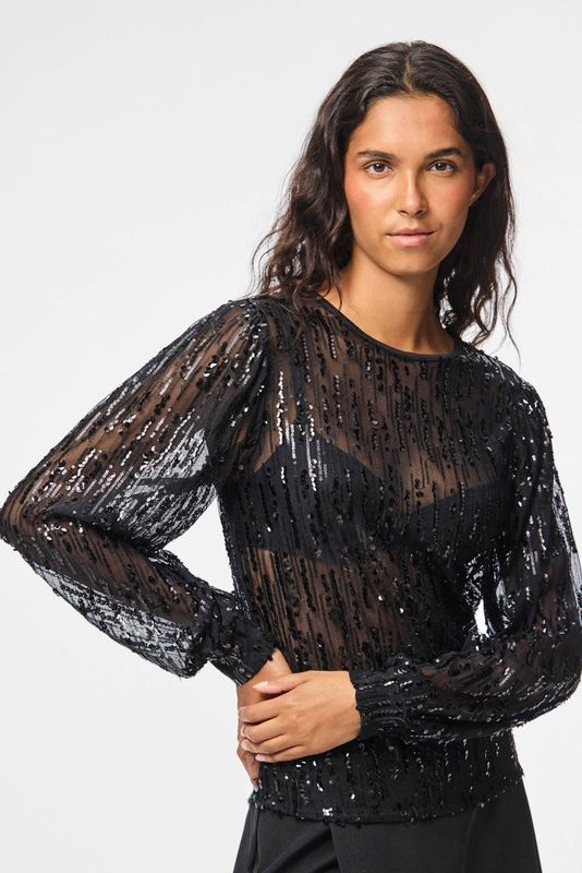 Pieces - Pcmalle Ls Sequins Top - T-shirt - Zwart - Dames