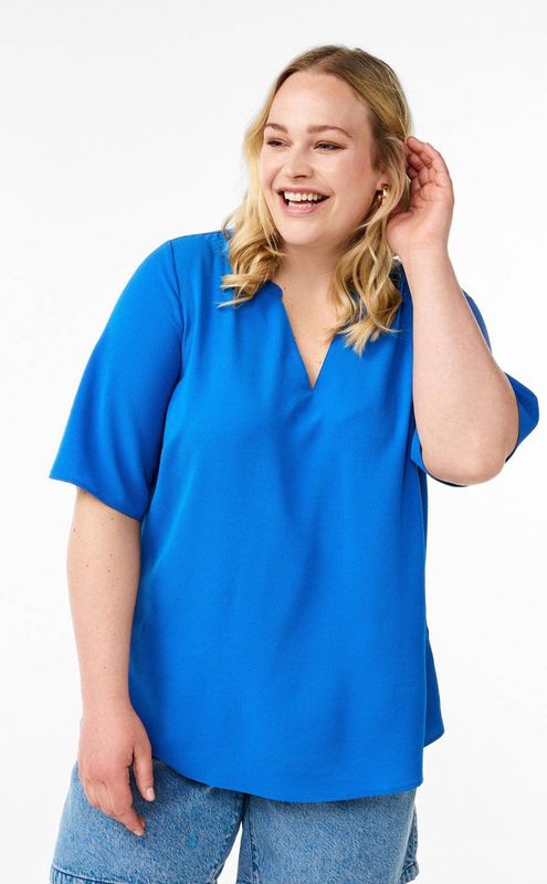 Zizzi - Blouse - Blauw - Korte Mouwen - V-hals