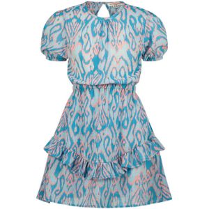 Vingino jurk Paxie met all over print en volant helderblauw/lichtroze