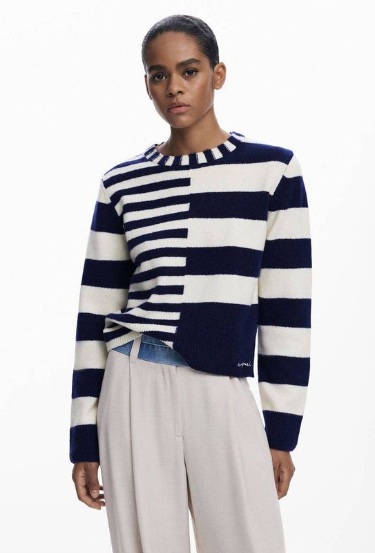 Desigual - Trui - Donkerblauw/Wit - Gebreid - Lange Mouw