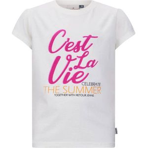 Retour Jeans T-shirt Zoey met tekst wit/fuchsia