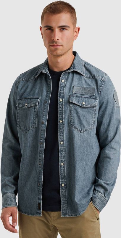 PME Legend Heren overhemd lange mouw blauw (Maat: S) - Effen