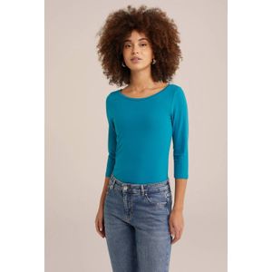 WE Fashion - Top - Blauw - Katoen met Elastaan - Driekwart Mouwen