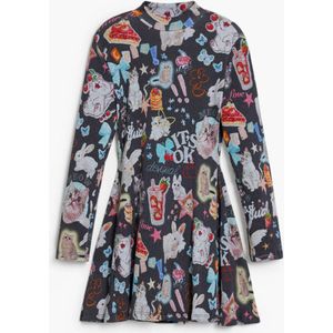 Desigual - Skaterjurk - Geribbelde Tricotstof - Kattenprint - Lange Mouwen