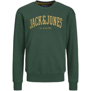 JACK & JONES JUNIOR sweater JJEJOSH met tekst donkergroen/geel