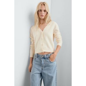 MANGO - Gebreid Vest - Beige - V-hals - Lange Mouw