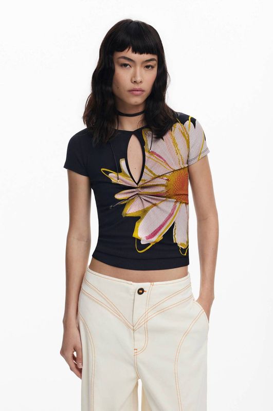 T-shirt - Print - Korte Mouwen - Opening aan de Voorkant - Regular Fit