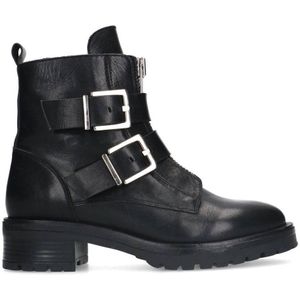 Sacha - Dames - Zwarte leren biker boots met zilverkleurige gespen