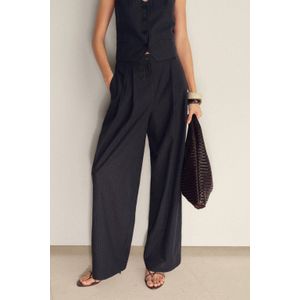 Mango linnen wide leg high waist broek donkerblauw