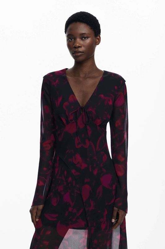 Desigual - A-lijn Jurk - Rood - Mesh Stof - V-hals