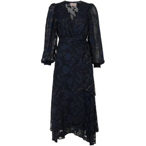 Freebird gebloemde wikkel-/overslagjurk met lurex donkerblauw