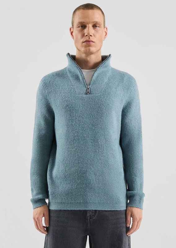 QS trui met wol rib gebreid blauw