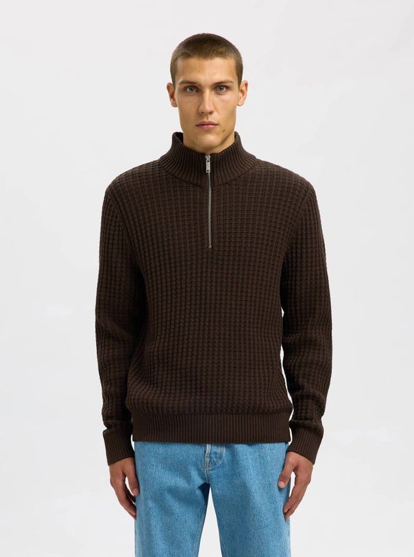 Selected Homme - Slhtom LS Knit Structure Half Zip - Trui - Bruin