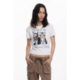 Desigual - T-shirt - Katoen - Kattenprint met Strass - Slim Fit - Korte Mouwen
