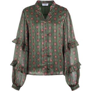 FLURESK blouse Londyn met all over print en volant olijfgroen