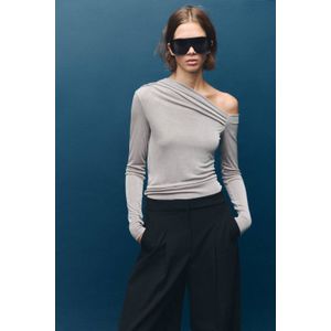 Mango one shoulder top grijs met glitter
