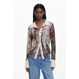 Desigual - Blouse - Bruin / Perzik / Wit - Klassieke Blouse - Lange Mouw