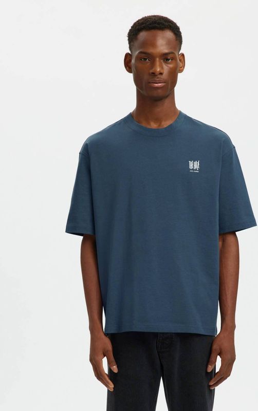 SELECTED HOMME relaxed T-shirt met backprint blauw