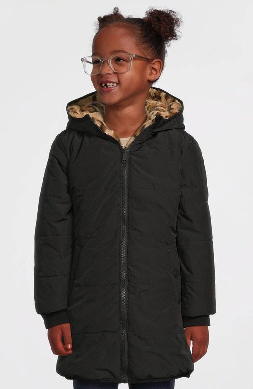 anytime - Gewatteerde Reversible Jas - Panter/Zwart - Midi Lengte