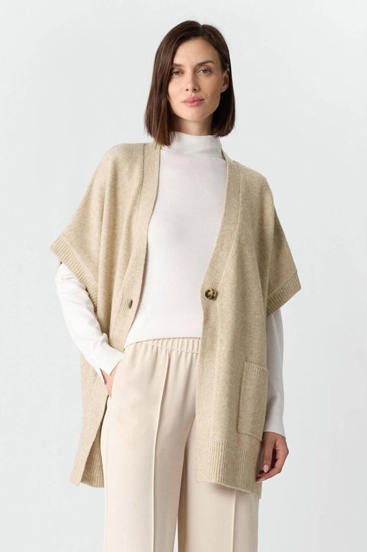 Comma - Poncho - Licht Taupe Melange - Met 1-knoopsluiting