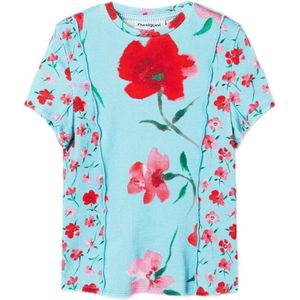 Desigual gebloemd T-shirt turquoise/roze