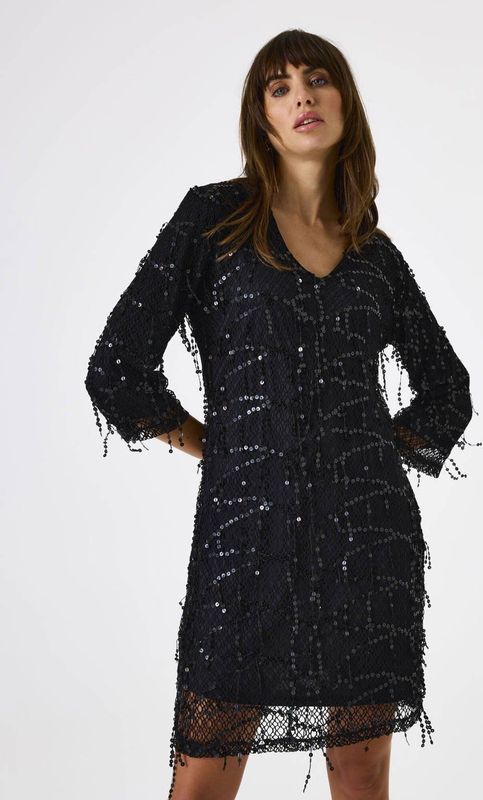 GARCIA - Jurk - Zwart - Pailletten - V-hals - Driekwart Mouwen