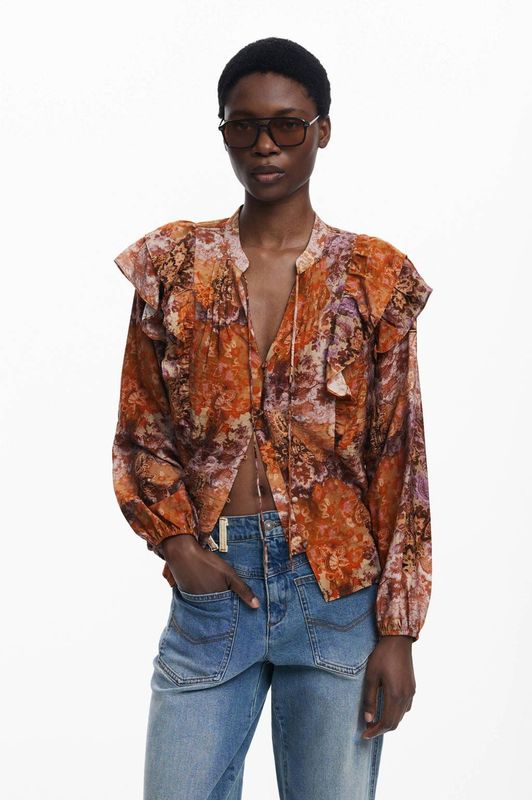 Romantische Blouse - Oranje - V-hals - Lange Mouwen - Paisley-print