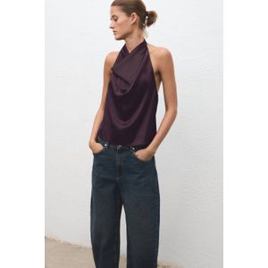 Mango satijnen haltertop donkerpaars