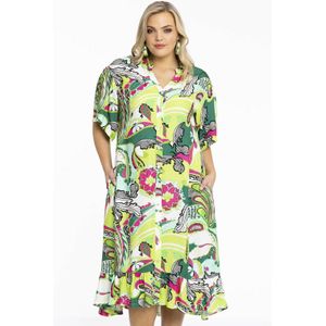 Yoek jurk met all over print groen/lime/roze