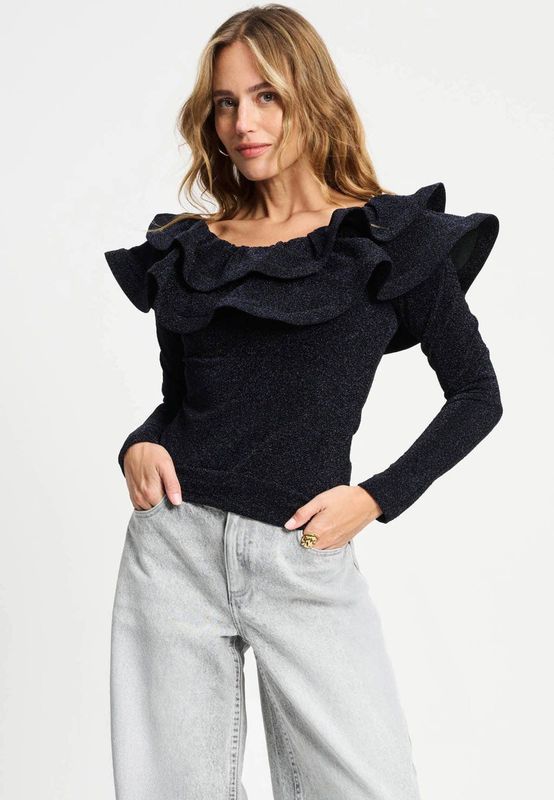 POM Amsterdam off shoulder top donkerblauw met glitter