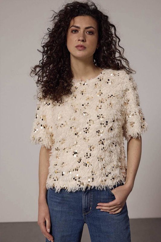 Tramontana Feathered Sequin Top | Stone