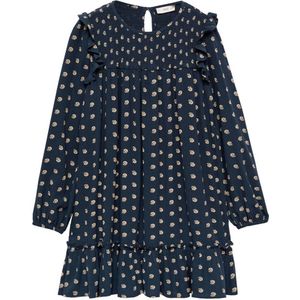 Mango Kids A-lijn jurk met all over print en ruches donkerblauw/beige