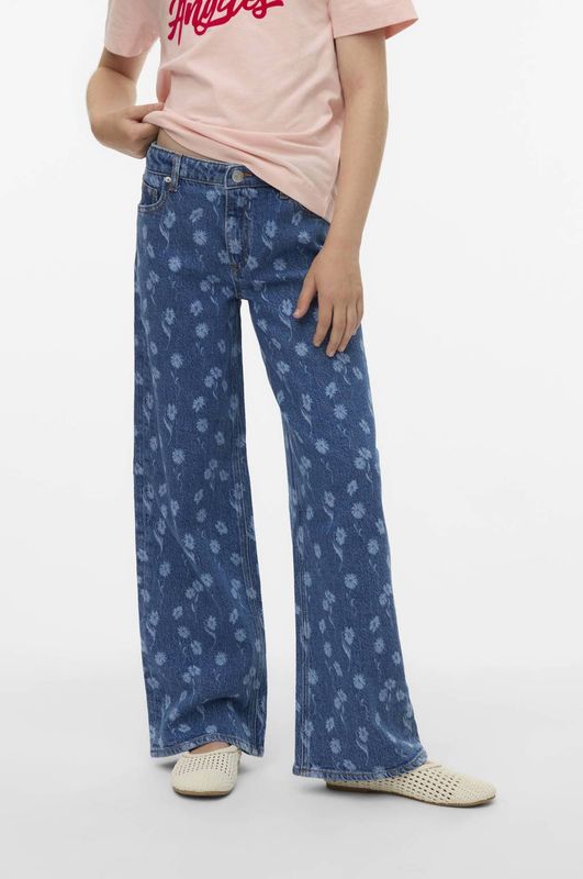 VERO MODA GIRL wide leg high waist gebloemde wide leg jeans medium blue denim