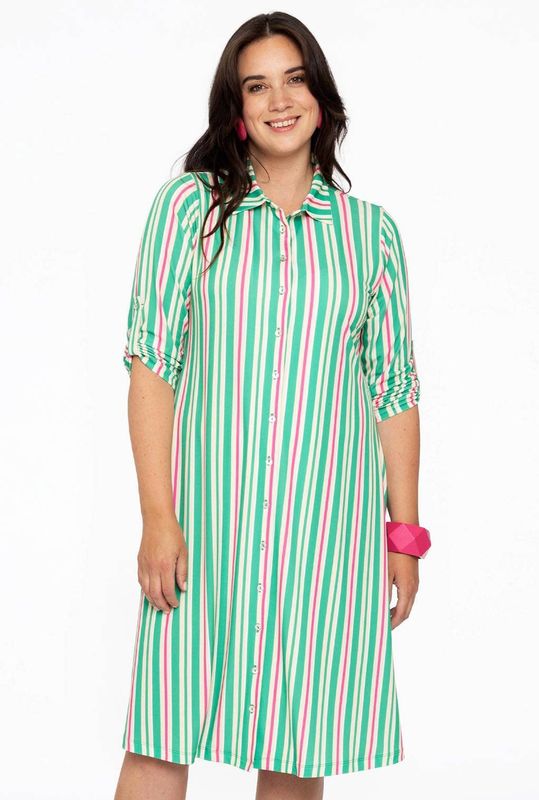 YOEK gestreepte blousejurk DOLCE van travelstof groen/roze/ecru
