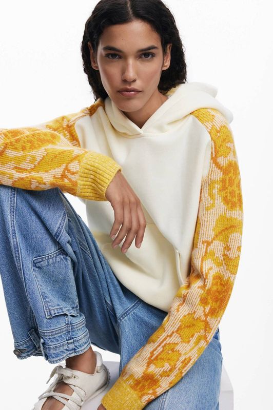 Desigual - Sweatshirt - Effen Kleur - Jacquard Mouwen - Kangoeroezak - Capuchon