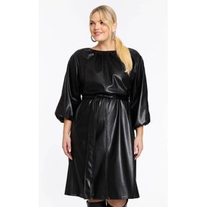 Jurk - FAUX LEATHER - A-lijn - Pofmouwen - Ronde Hals