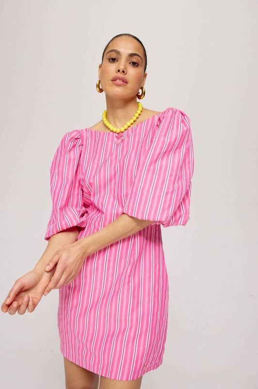 HARPER & YVE - Korte Jurk - Roze - Driekwart Pofmouwen - Open Rug